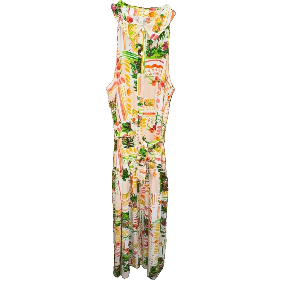 CATO Tropical Fruit Maxi Dress Belted Sleeveless Collared Beach Sz M Peach Palm